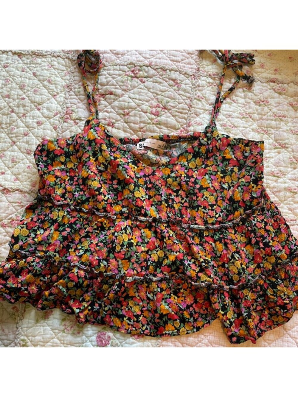 Tank Top Co. multicolored floral tank top with ruffles and tie straps